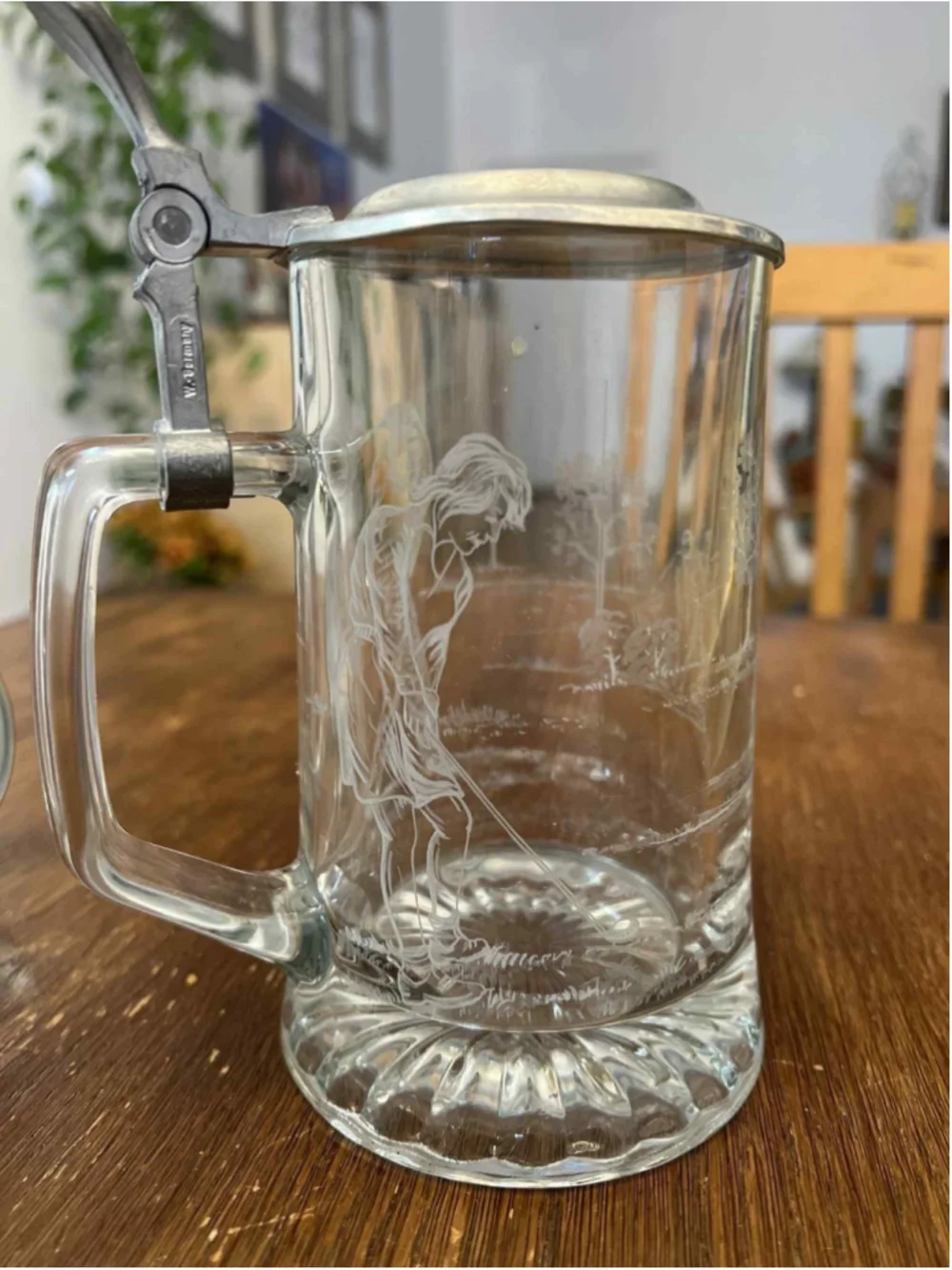 Vintage German Beer Stein Set Etched Glass Football Golf Sports Scenes Pewter